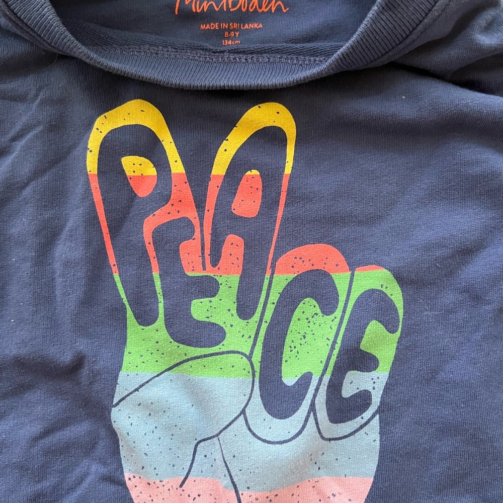 Mini Boden Peace Sweatshirt, Size 8-9 years. Blue with colorful and fun graphic